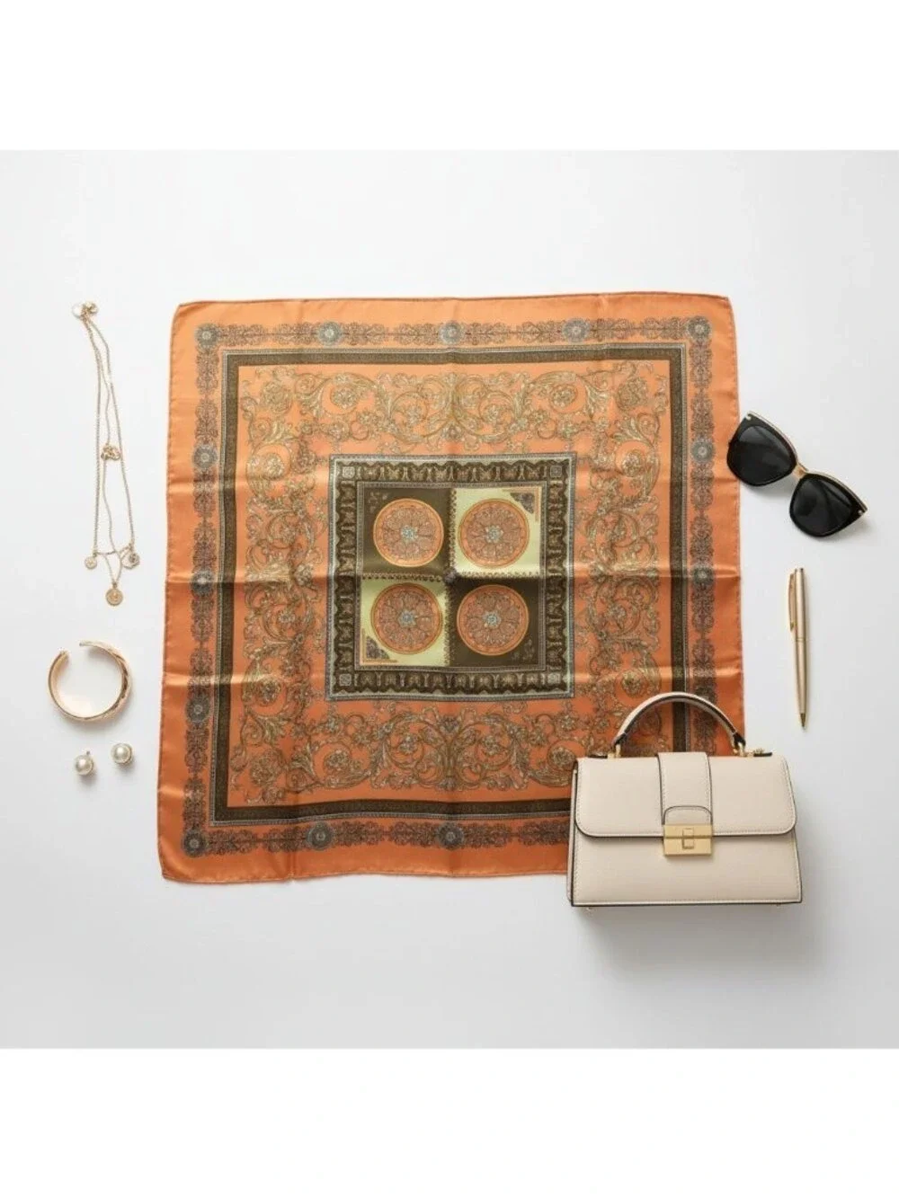 Luxury Square Satin Scarf With Ornate Floral Motif - Orange & Gold Border Design